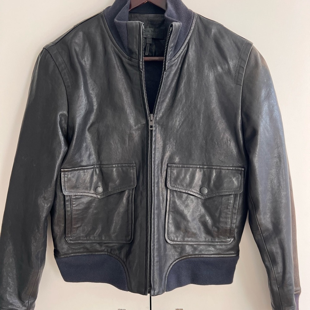 Rag & Bone Black Leather Bomber Jacket